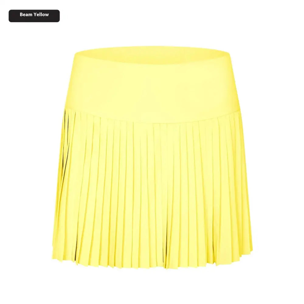 A vibrant beam yellow pleated skirt with a smooth high-waisted waistband for the purple double layer points exercise skort