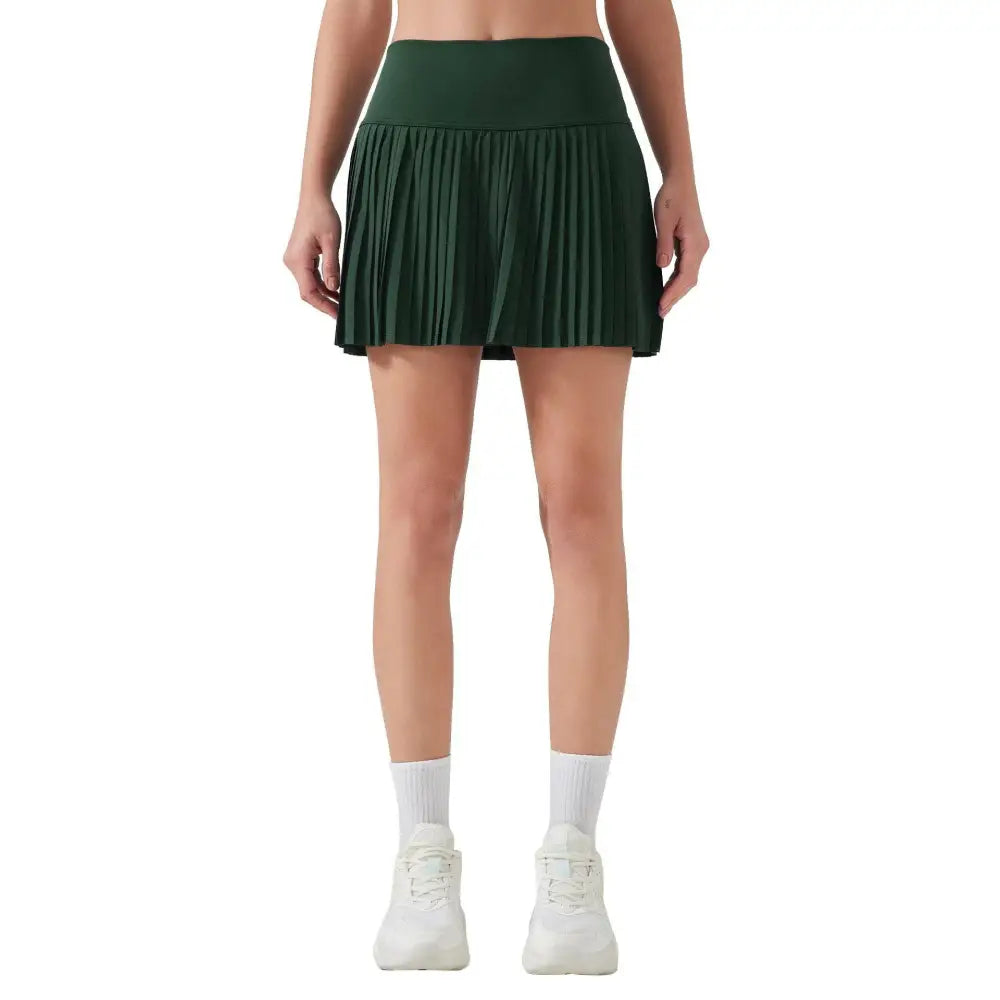 Dark green pleated athletic skirt showing the back side of the purple double layer points exercise skort for three points exercise