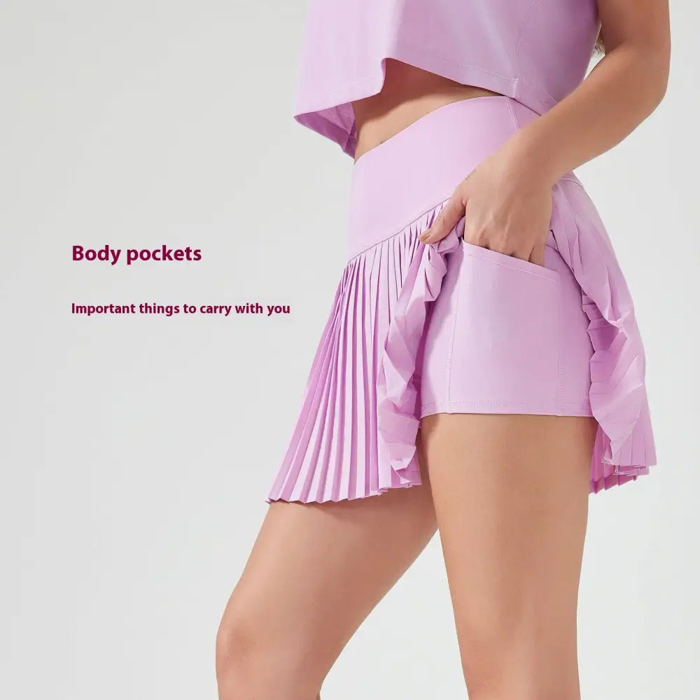 Light purple pleated points exercise skort with ruffled side pockets in purple double layer design