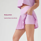 Light purple pleated points exercise skort with ruffled side pockets in purple double layer design