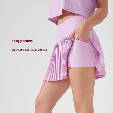 Light purple pleated points exercise skort with ruffled side pockets in purple double layer design