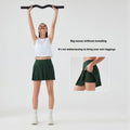 Dark green pleated athletic skirt designed as a purple double layer points exercise skort for three points exercise use