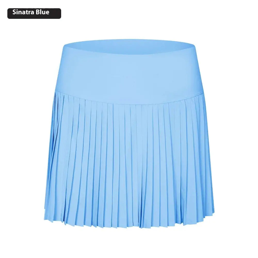 A light blue pleated tennis skirt with a smooth elastic waistband for purple double layer points exercise skort