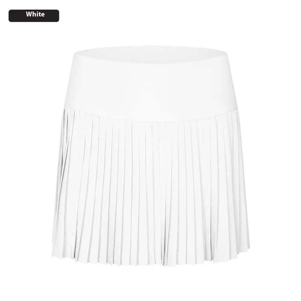 White pleated tennis skirt featured in the purple double layer points exercise skort for three points exercise use