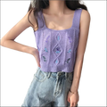Purple knitted sleeveless embroidered floral camisole with square neckline and blue and purple floral embroidery