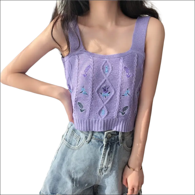 Purple knitted sleeveless embroidered floral camisole with square neckline and blue and purple floral embroidery