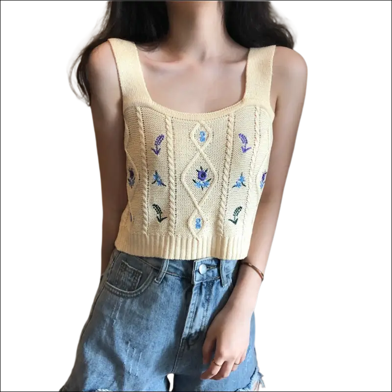 Cream-colored knitted sleeveless purple embroidered floral camisole with intricate blue and purple floral embroidery