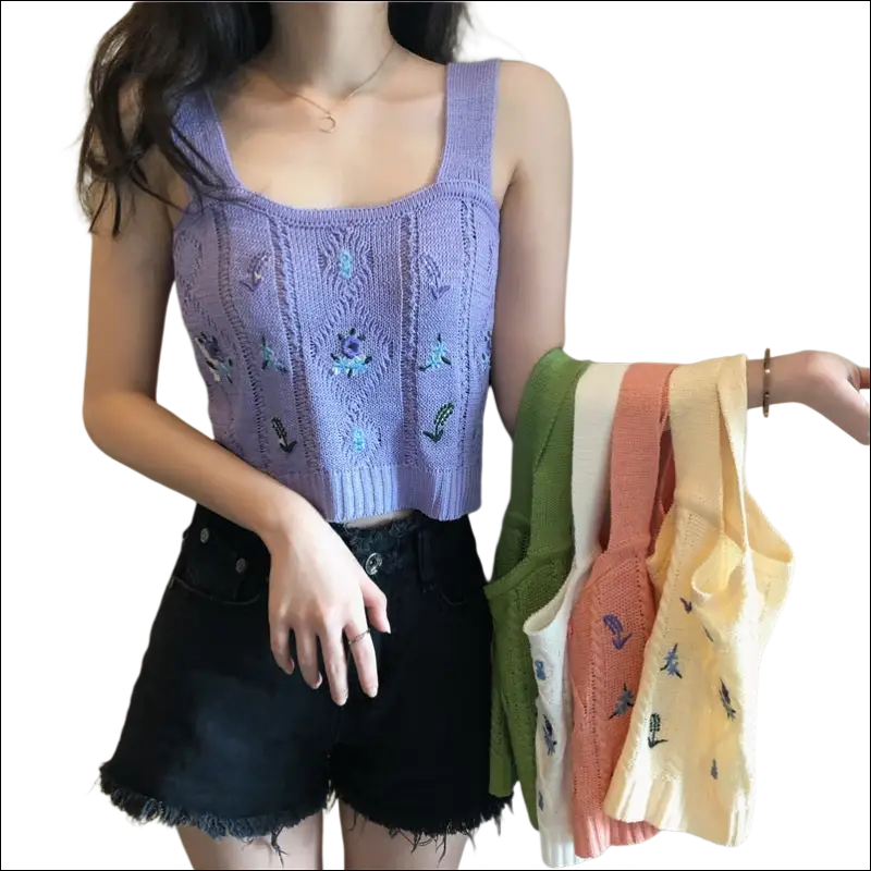 Purple knitted embroidered floral camisole with square neckline and detailed floral embroidery on the front