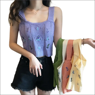 Purple knitted embroidered floral camisole with square neckline and detailed floral embroidery on the front