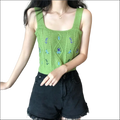 A vibrant green knitted tank top with intricate blue embroidered floral design and square neckline floral camisole