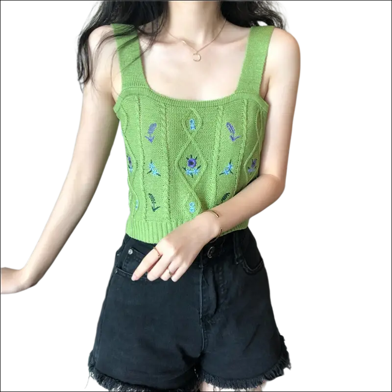 A vibrant green knitted tank top with intricate blue embroidered floral design and square neckline floral camisole