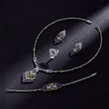 Elegant silver-toned purple floral color zirconium necklace earrings set with green and purple gemstone accents