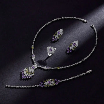 Elegant silver-toned purple floral color zirconium necklace earrings set with green and purple gemstone accents