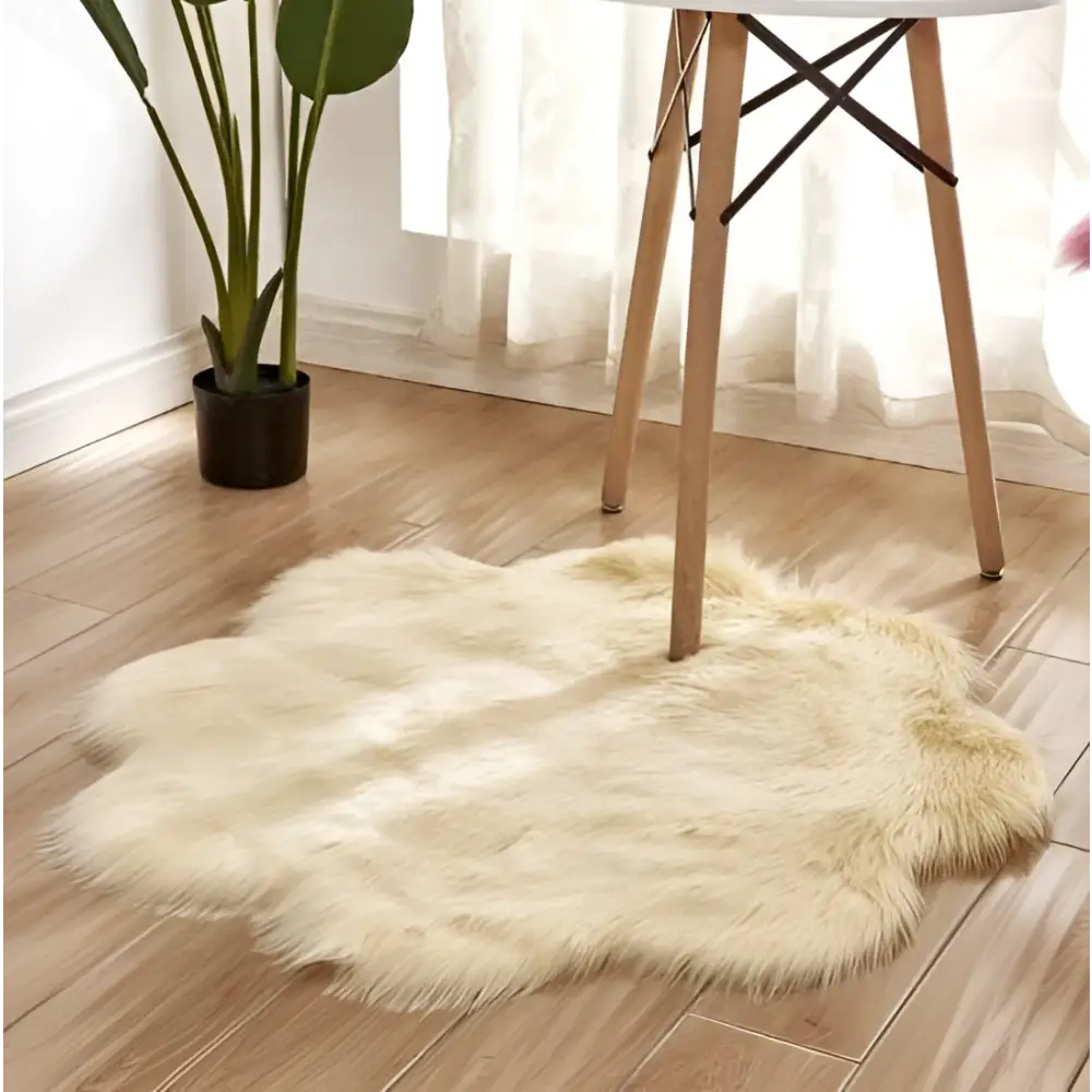 A plush vibrant purple floral shape artificial woolen carpet rug with soft fluffy faux fur texture