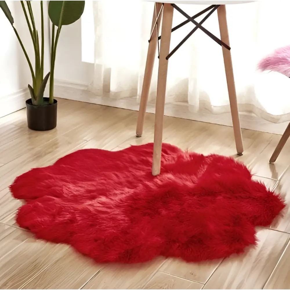 Vibrant red plush faux fur rug with a cloud-like shape for a purple floral shape artificial woolen carpet