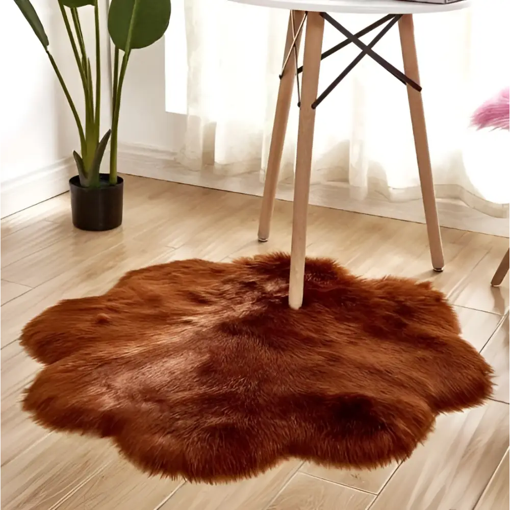 A plush rust-colored floral shape artificial woolen carpet rug with soft fluffy texture and irregular edges