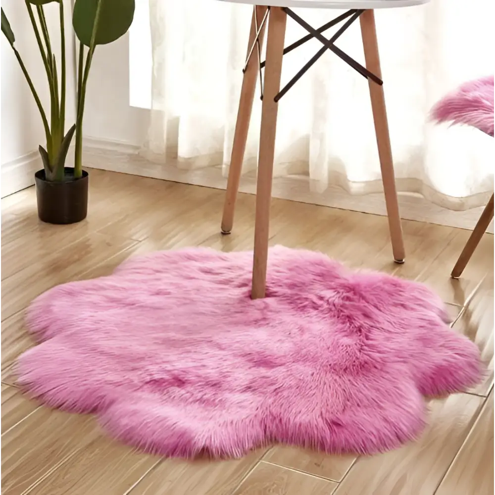 Purple floral shape artificial woolen carpet rug with vibrant pink fluffy faux fur and cloud-like soft long fibers