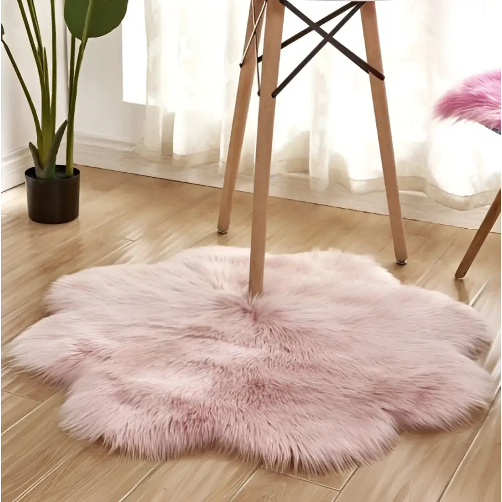 Soft fluffy pink floral shape artificial woolen carpet rug with long plush fibers for decorative use