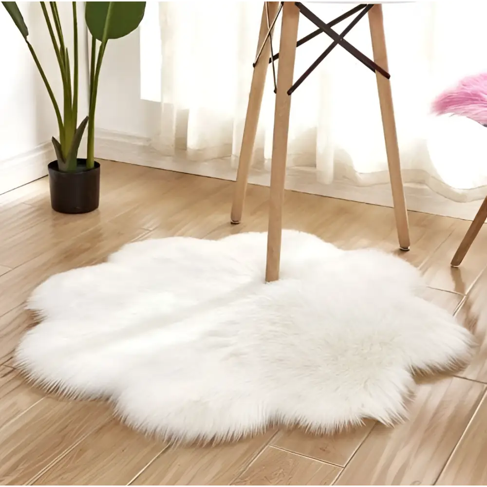White fluffy sheepskin style rug resembling cloud shape for purple floral shape artificial woolen carpet collection