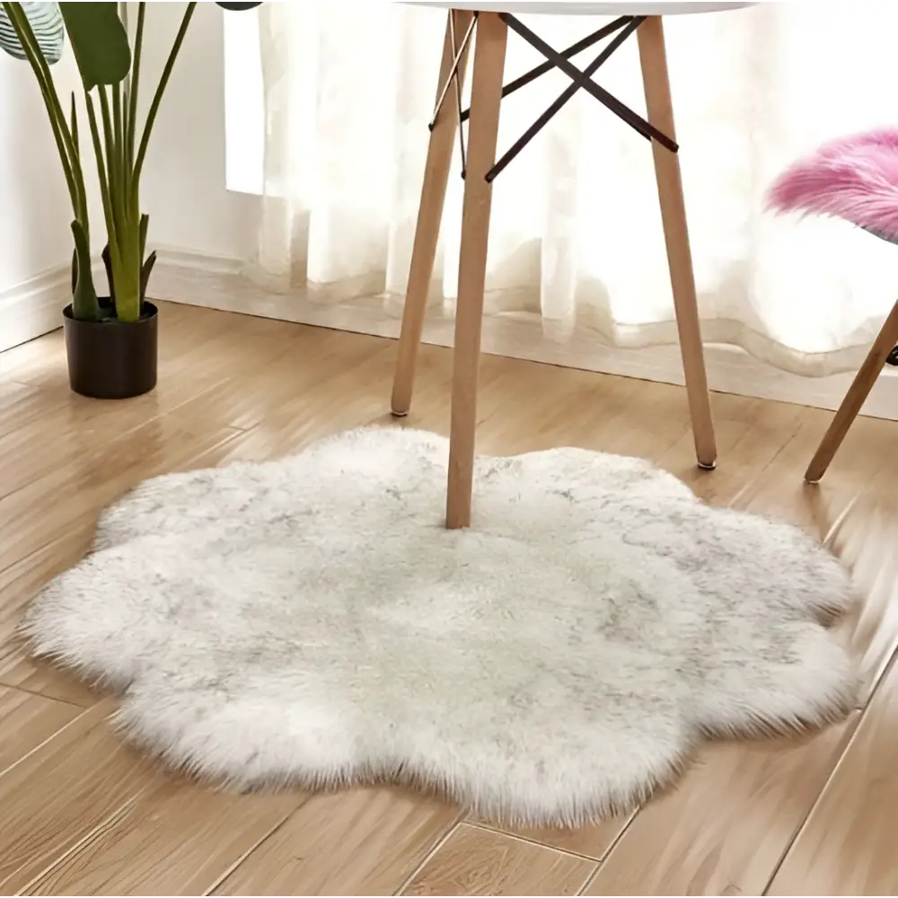 Purple floral shape artificial woolen carpet rug with fluffy white faux fur and subtle gray speckles in cloud-like shape