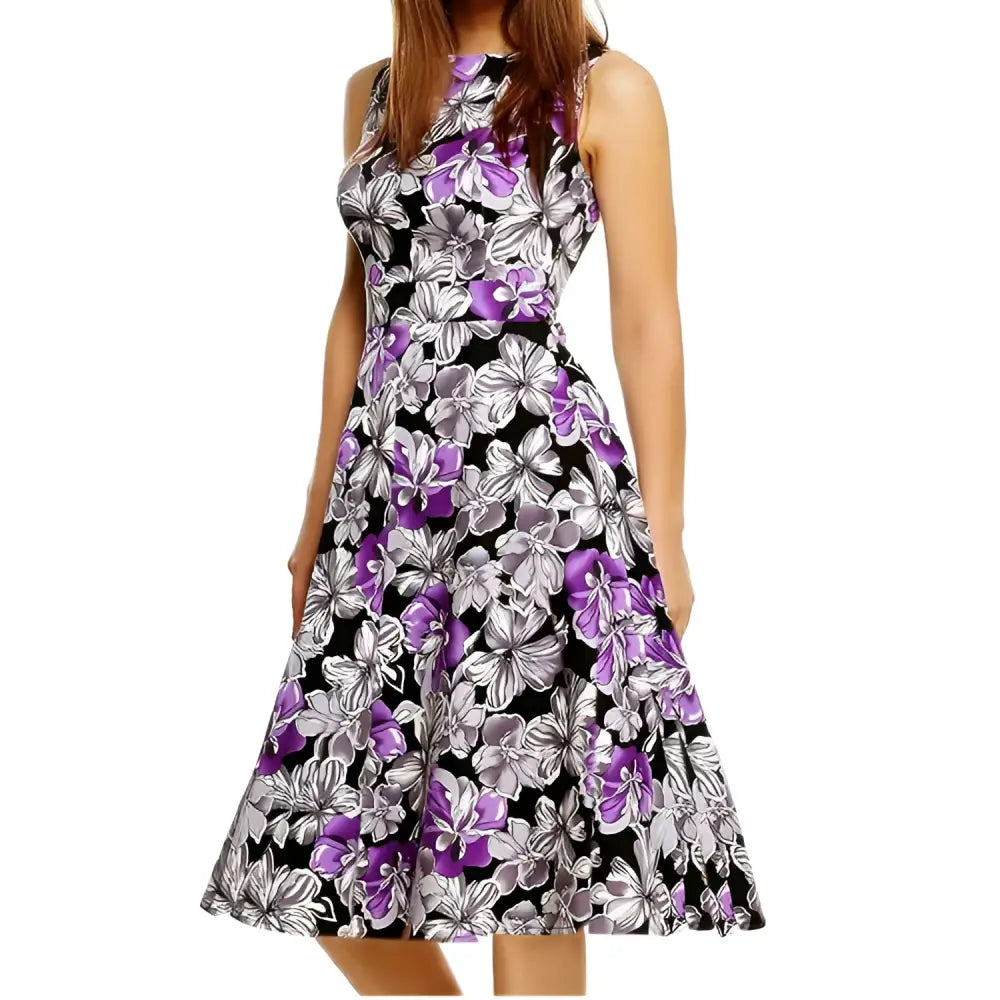 Black sleeveless vintage print dress with vibrant purple floral and silver pattern for elegant occasions