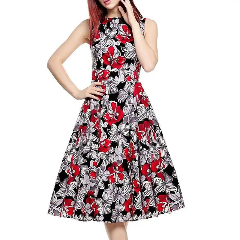 Black sleeveless vintage print dress with bold red and white floral pattern for elegant wear