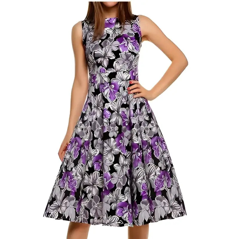 Purple floral sleeveless vintage knee-length dress with black base and vibrant floral print elegant for casual wear