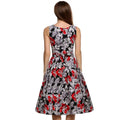Purple floral sleeveless vintage print dress in black with red and silver floral pattern and fitted waist belt