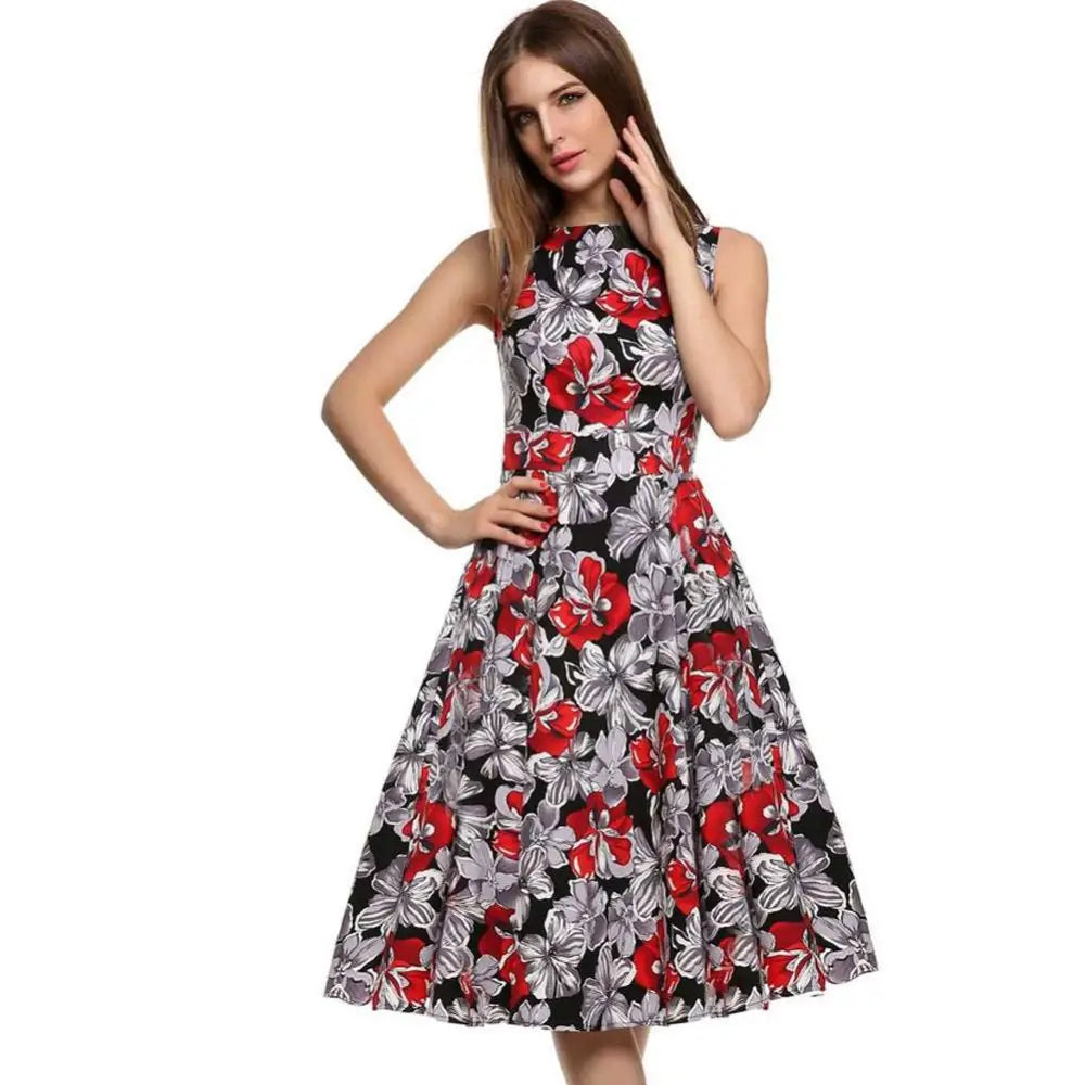 Black sleeveless vintage print dress with vibrant red and silver floral pattern for elegant occasions