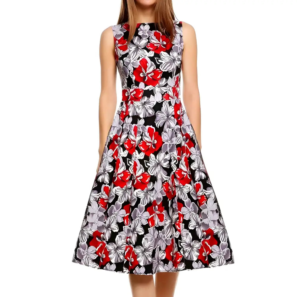 Purple floral sleeveless vintage print dress in black fabric with vibrant red and gray floral pattern