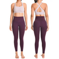 A purple high waisted seamless leggings and sports bra set in muted purple and lavender for stylish gym outfits