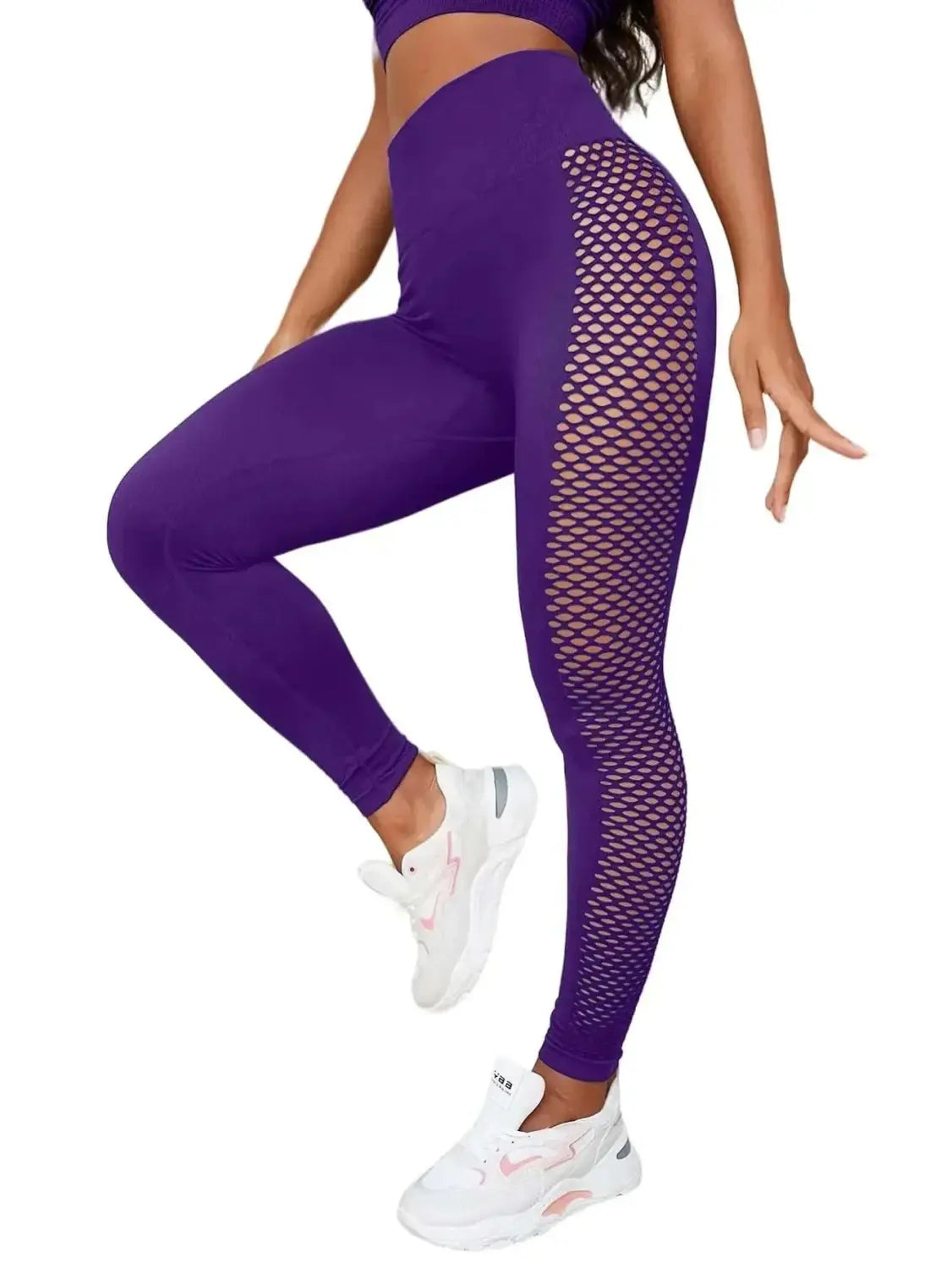 Purple high-waisted seamless leggings with a mesh panel on the side featured in the best tie dye and seamless leggings for women 2026 article.