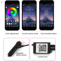 Black smartphone touchscreen displaying music control and color adjustment for purple interior car led light strip cigarette lighter