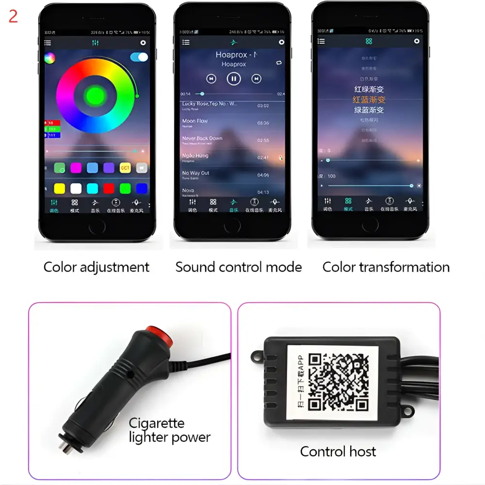 Black smartphone touchscreen displaying music control and color adjustment for purple interior car led light strip cigarette lighter