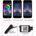 Black cigarette lighter head power adapter with red button and black control unit featuring qr code for interior car led optical fiber strip
