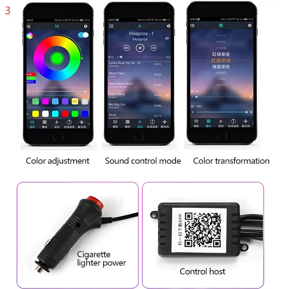Black cigarette lighter head power adapter with red button and black control unit featuring qr code for interior car led optical fiber strip