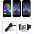 Black smartphone with colorful touchscreen showing music control and color adjustment for purple interior car led light strip cigarette lighter