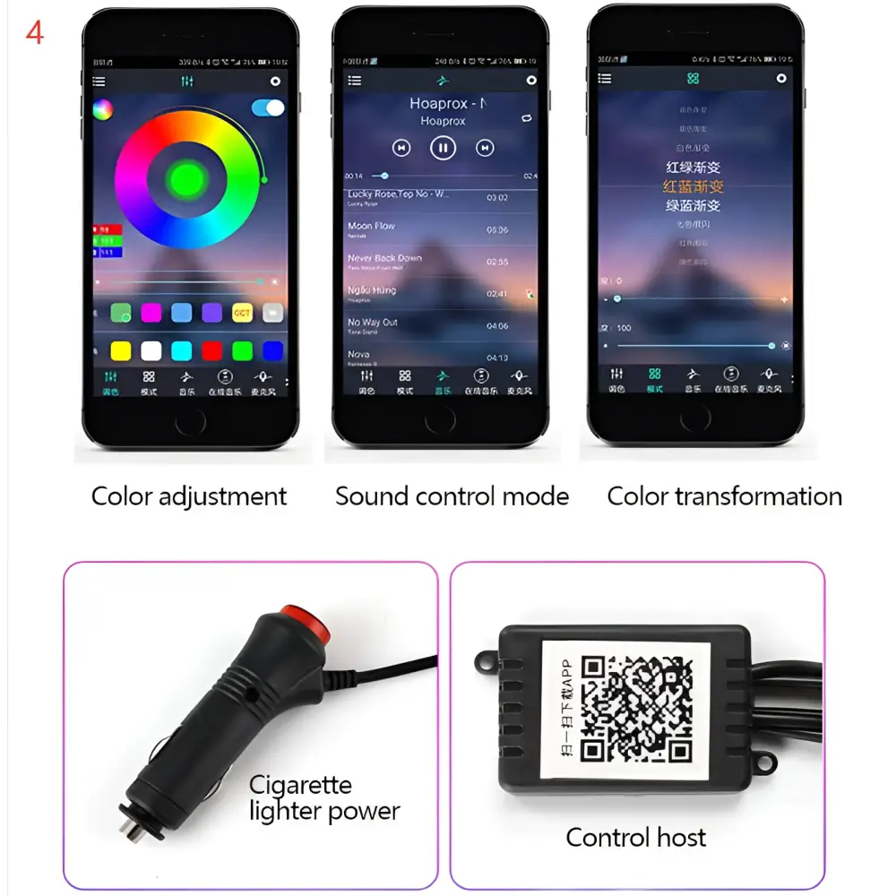 Black smartphone with colorful touchscreen showing music control and color adjustment for purple interior car led light strip cigarette lighter