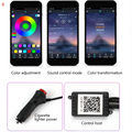 Black smartphone displaying music and color control interfaces for purple interior car led light strip cigarette lighter head with optical fiber
