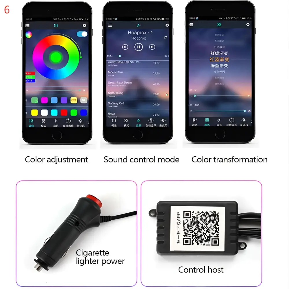 Black smartphone displaying music and color control interfaces for purple interior car led light strip cigarette lighter head with optical fiber
