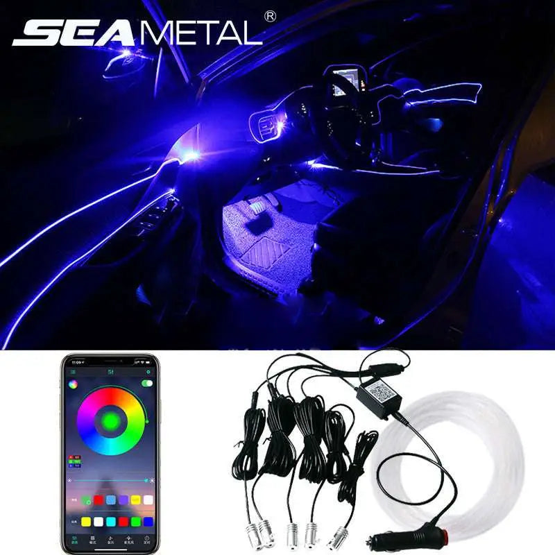 Sea metal brand purple interior car led light strip with flexible optical fiber and cigarette lighter head control via app