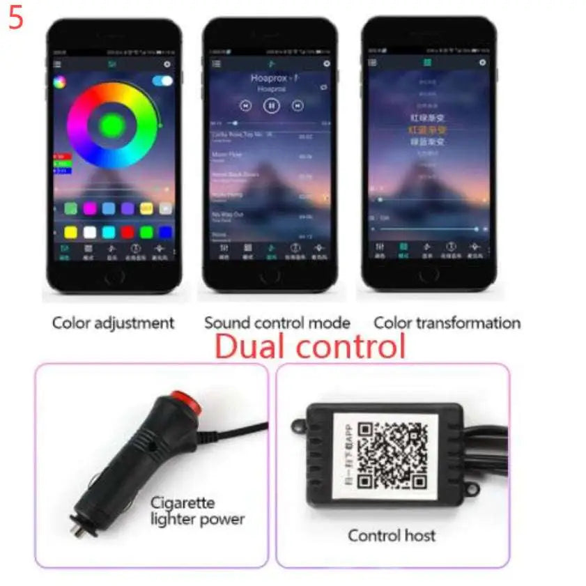 Black smartphone touchscreen showing music control and color adjustment for purple interior car led light strip cigarette lighter