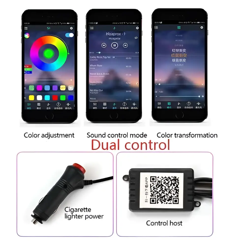 Black rectangular control host with qr code and attached wires for purple interior car led optical fiber cigarette lighter head
