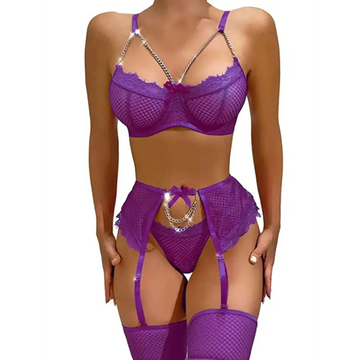 Purple lace fishnet lingerie set featuring adjustable strappy design with silver chain accents and mesh material