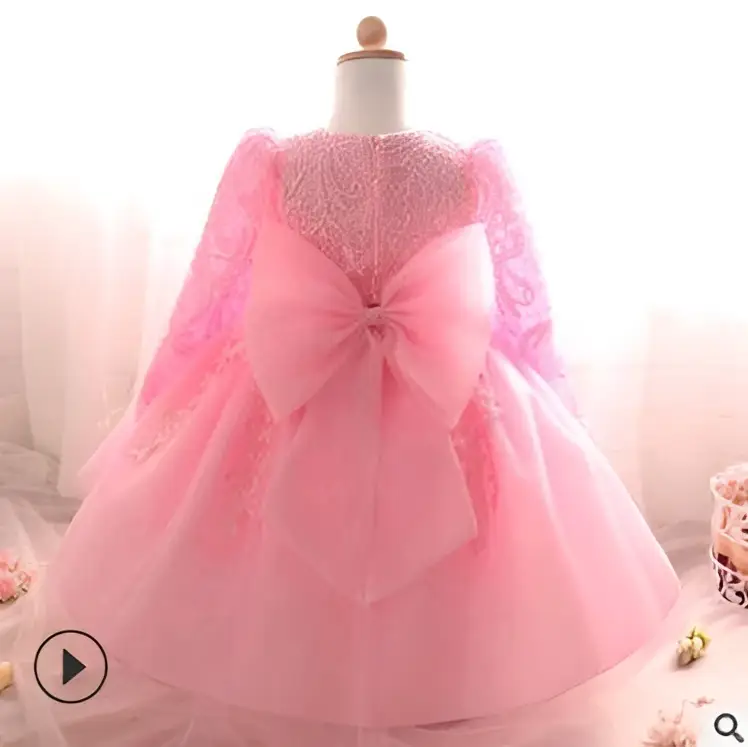 Purple lace girls dress rose wedding dress with long floral lace sleeves and matching satin bow at the waist