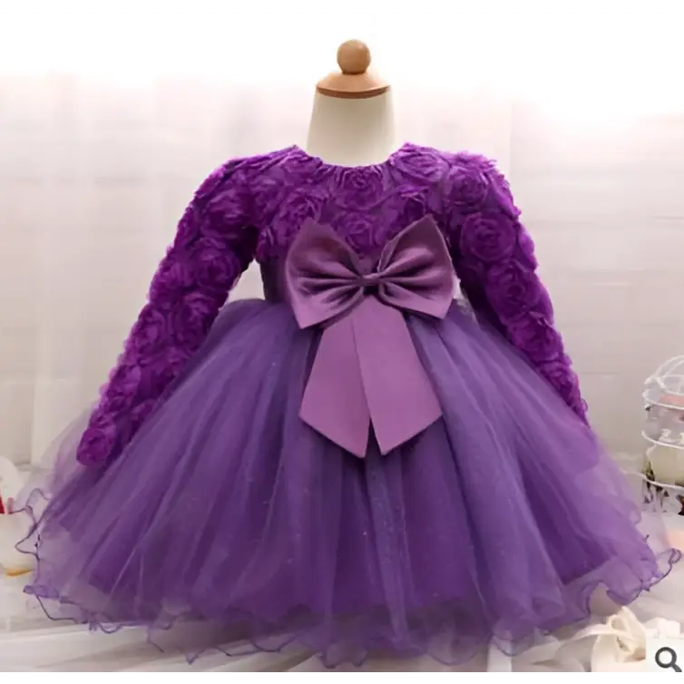 Purple lace girls dress rose wedding dress with long floral lace sleeves and matching satin bow at the waist