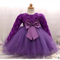 Purple lace girls dress rose wedding dress with long floral lace sleeves and matching satin bow at the waist