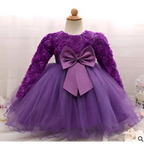 Purple lace girls dress rose wedding dress with long floral lace sleeves and matching satin bow at the waist
