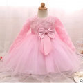 Pink lace baby girl dress with large satin bow and layered tulle skirt for purple lace girls dress rose wedding use
