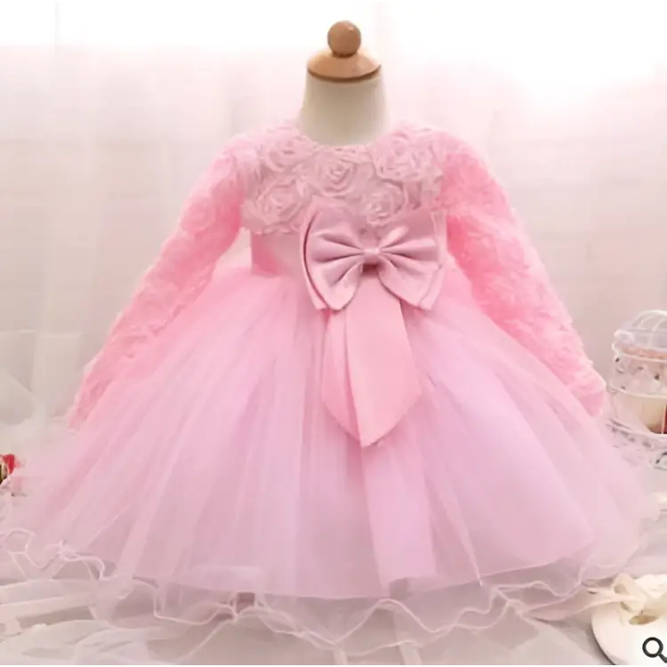 Pink lace baby girl dress with large satin bow and layered tulle skirt for purple lace girls dress rose wedding use